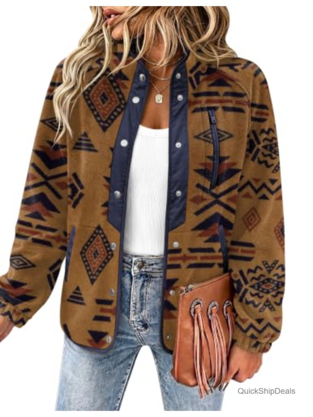 Women's Fleece Jacket Snap Button Western Aztec Print Stand Collar Outerwear